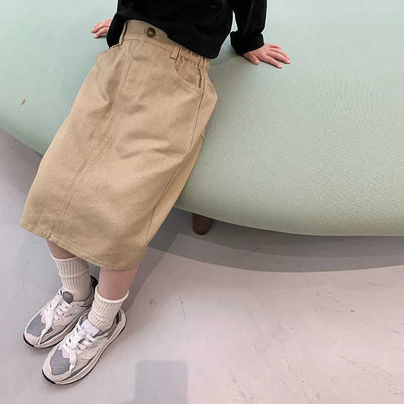 Girls Korean Style Mid Length A-Line Pocket Skirt