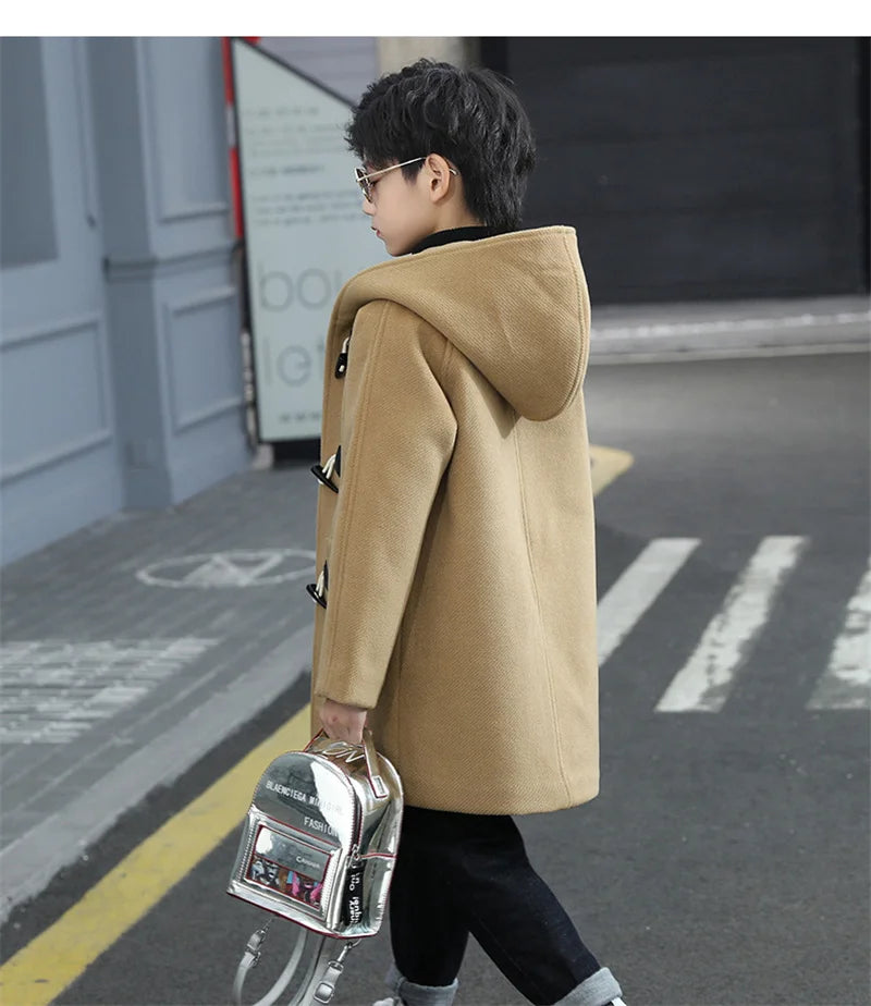 Boys Hooded Wool Coat - Single Breasted Winter Parka