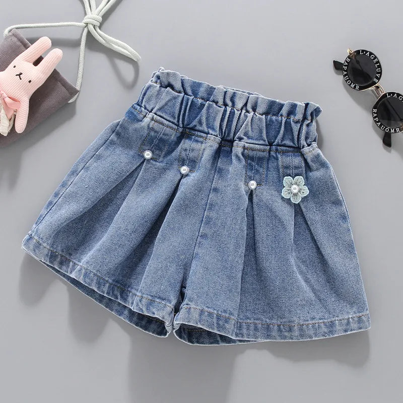 Girls Embroidered Lace Bow Denim Shorts