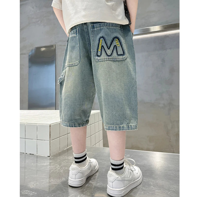 Teen Boys Embroidered Denim Shorts - Letter M Summer Style