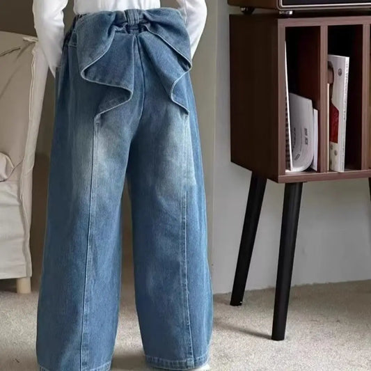 Girls Bow Detail Straight Leg Wide Leg Jeans