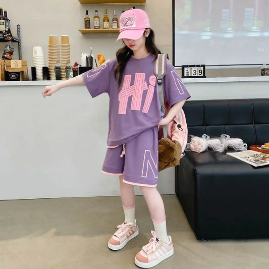 Girls Letter Print Tee and Shorts Set - Loose Summer Outfit