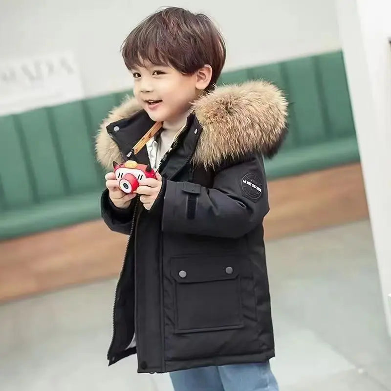 Kids Hooded Fur Collar Winter Jacket - Thick Warm Outerwear
