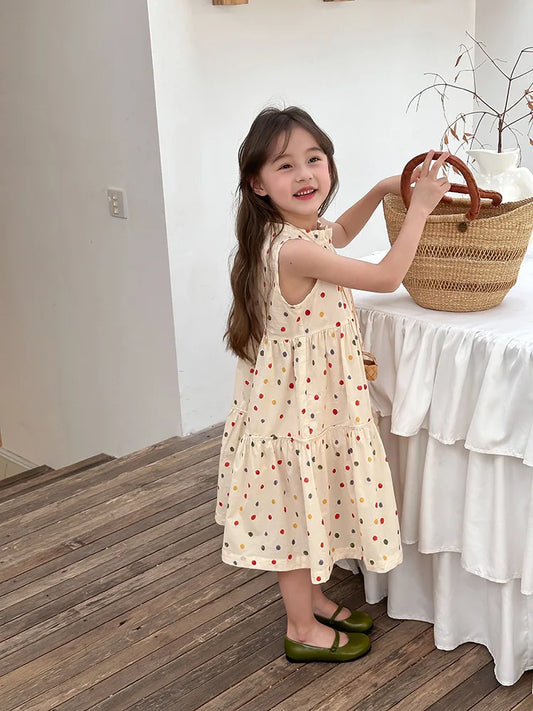 Girls Polka Dot Skirt Vest Dress - Casual Summer Outfit