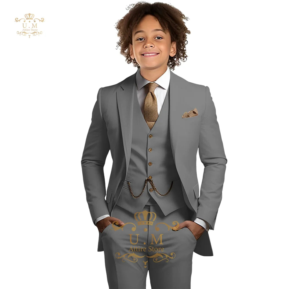 Boys Khaki 3-Piece Suit - Jacket Vest and Pants Tuxedo Set