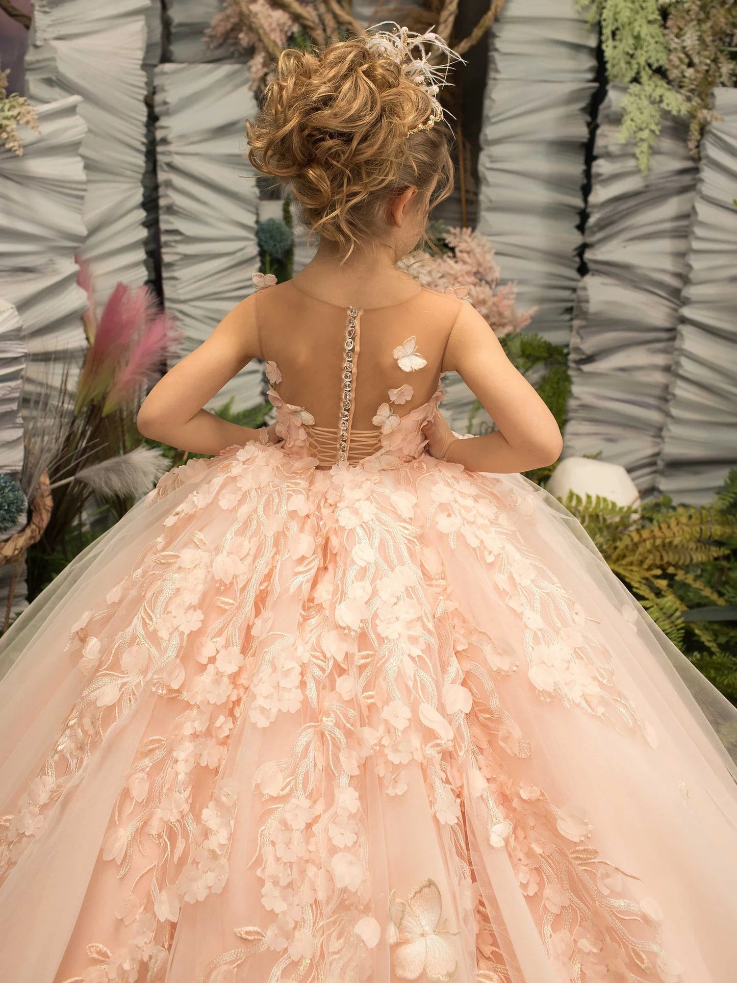 Girls Pink Floral Lace Floor-Length Gown - Flower Girl Dress