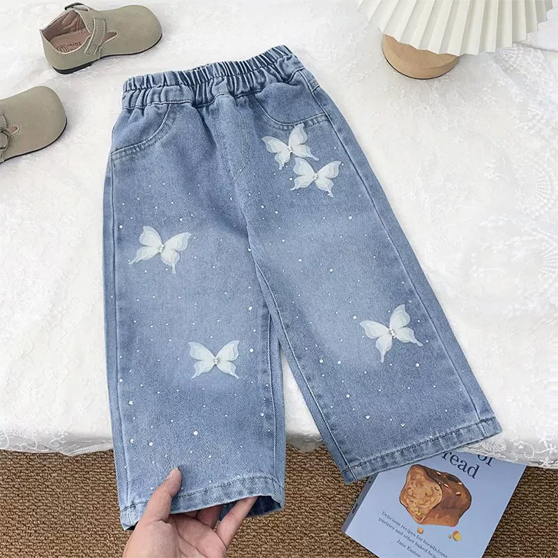Girls Diamond Bow Straight Leg Jeans - Loose Denim Trousers