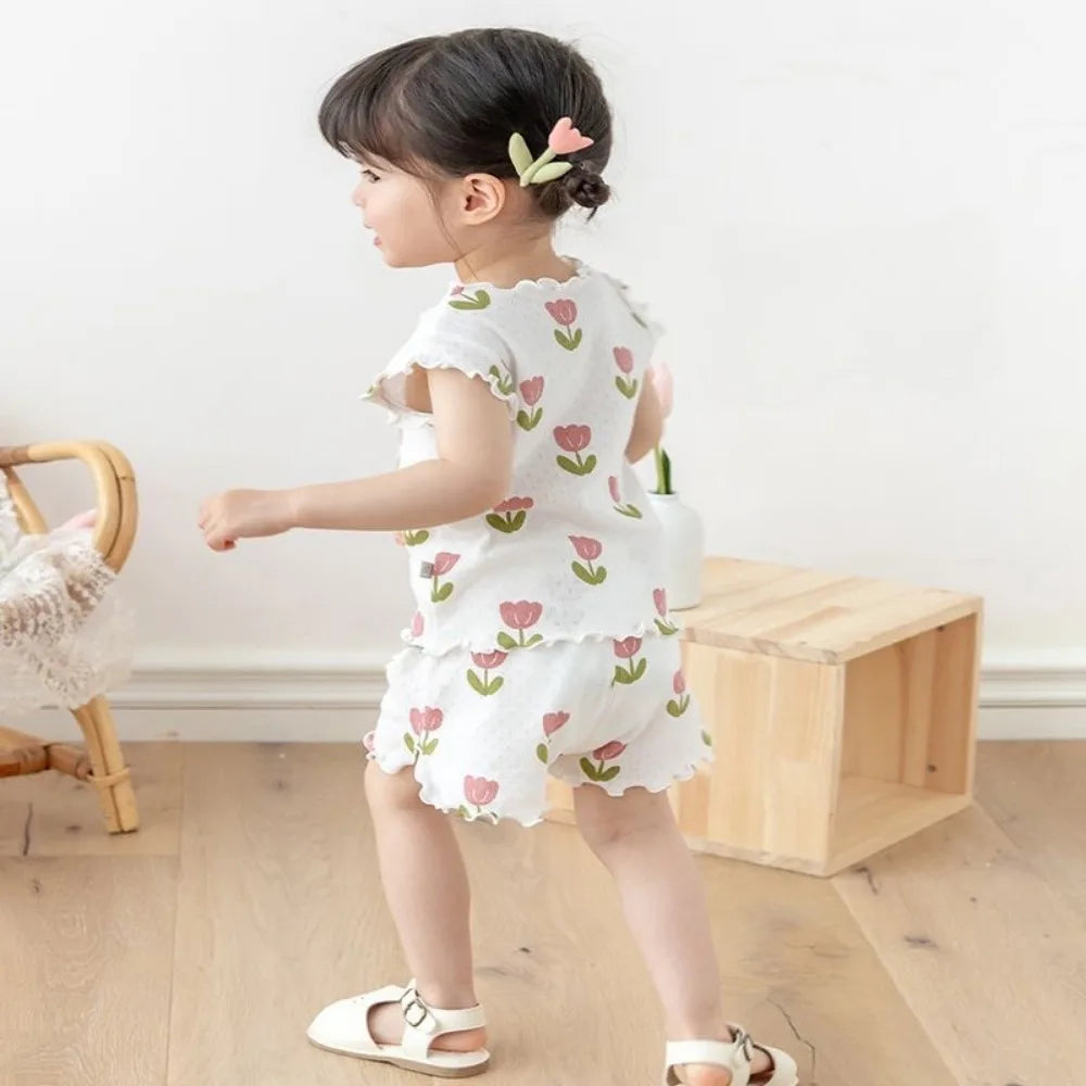 Baby Girls Flower Print Pajama Set - Short Sleeve Summer Outfit