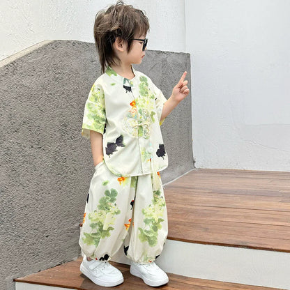 Boys Tang Style Hanfu Set - Short Sleeve Two-Piece Summer Outfit