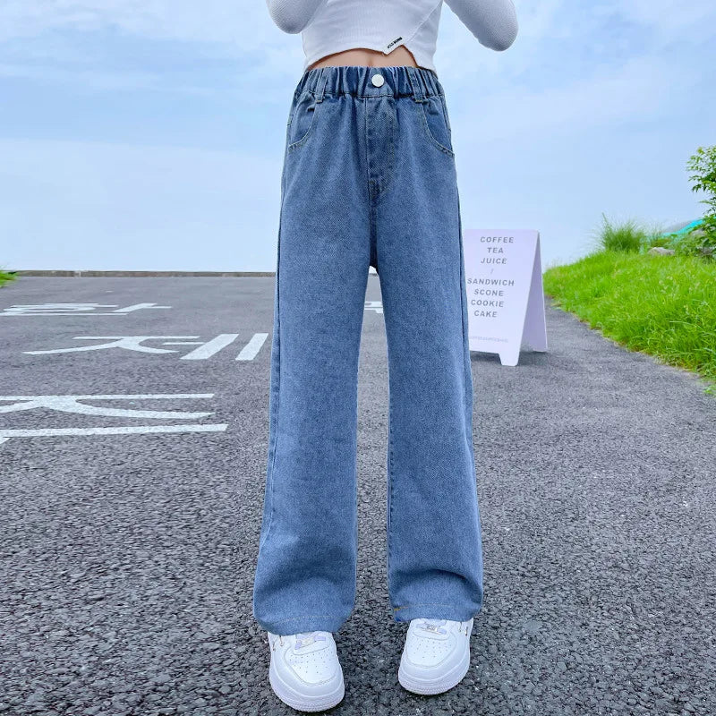 Girls Vintage Wide Leg Denim Pants - Solid Casual Trousers