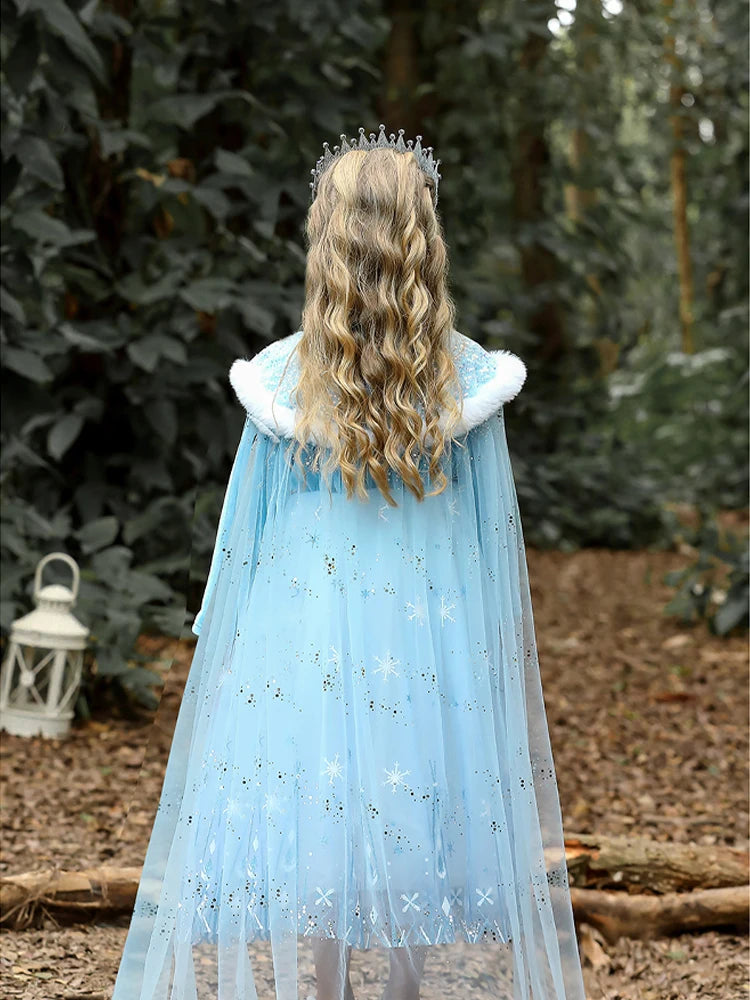 Girls Velvet Blue Cape Princess Dress Set - Warm Party Outfit
