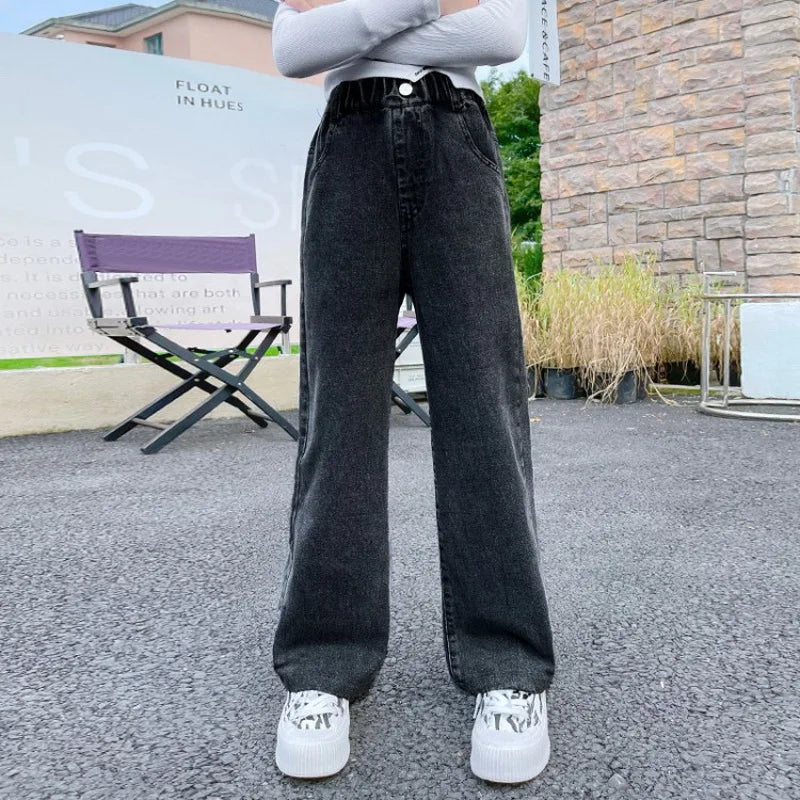 Girls Vintage Wide Leg Denim Pants - Solid Casual Trousers