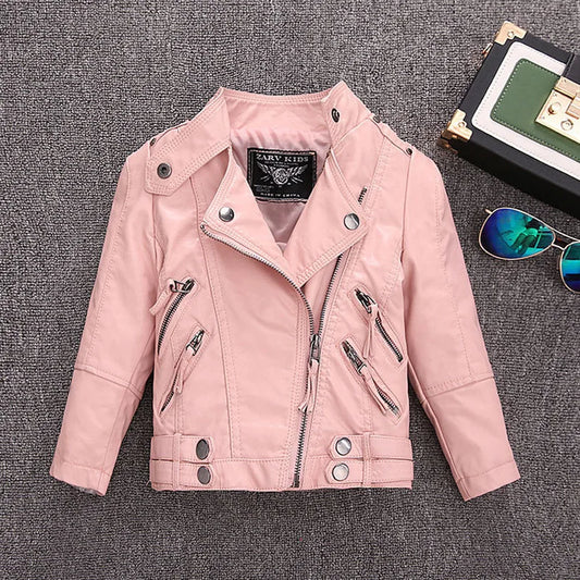 Girls Faux Leather Zip Jacket - Belted Biker Style