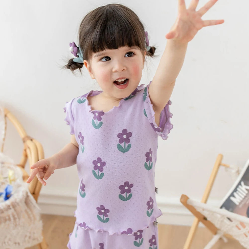 Baby Girls Flower Print Pajama Set - Short Sleeve Summer Outfit