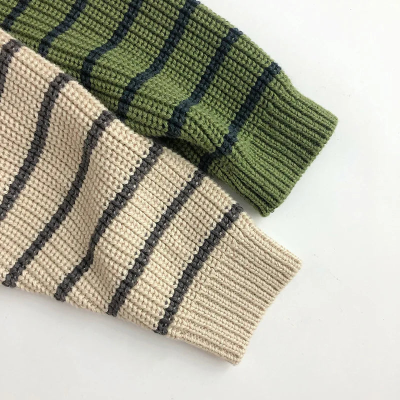 Kids Striped Half-Zip Pullover - Stand Collar Autumn Sweater