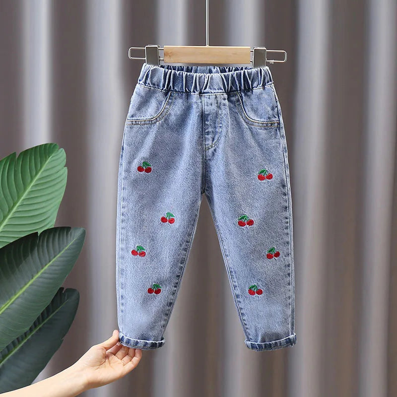Girls Floral Graffiti Denim Pants - Cartoon Casual Jeans