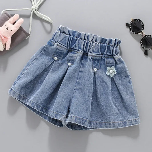 Girls Embroidered Lace Bow Denim Shorts