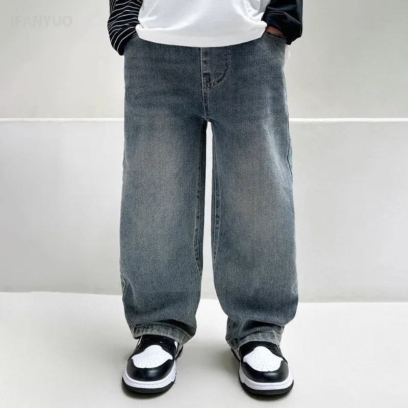Boys Wide Straight Leg Jeans - Cotton Sports Denim Pants