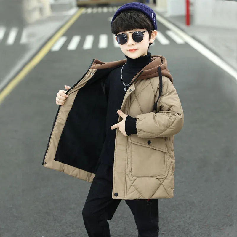 Kids Plush Hooded Padded Jacket - Medium Length Winter Coat