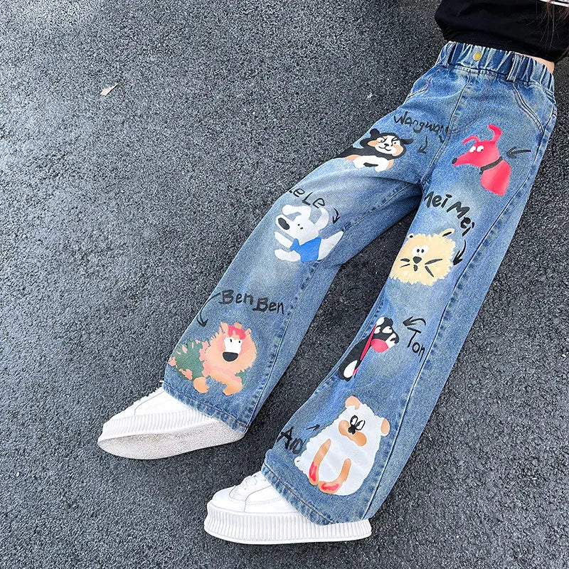 Girls Cartoon Print Elastic Waist Wide Leg Jeans