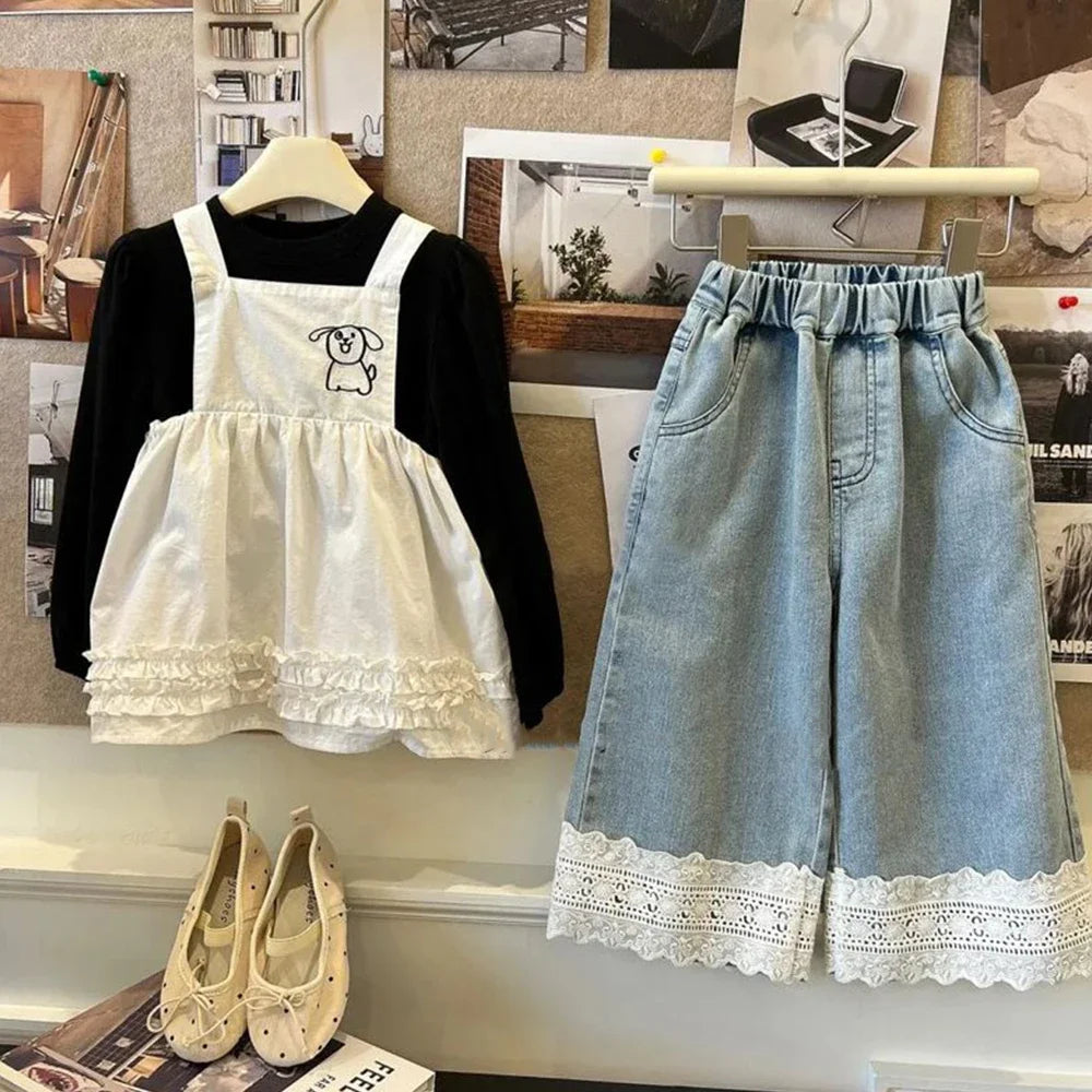 Girls Lace Detail Blue Jeans - Korean Casual Pants