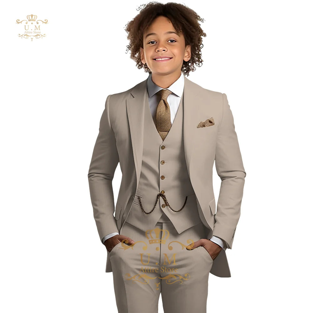 Boys Khaki 3-Piece Suit - Jacket Vest and Pants Tuxedo Set
