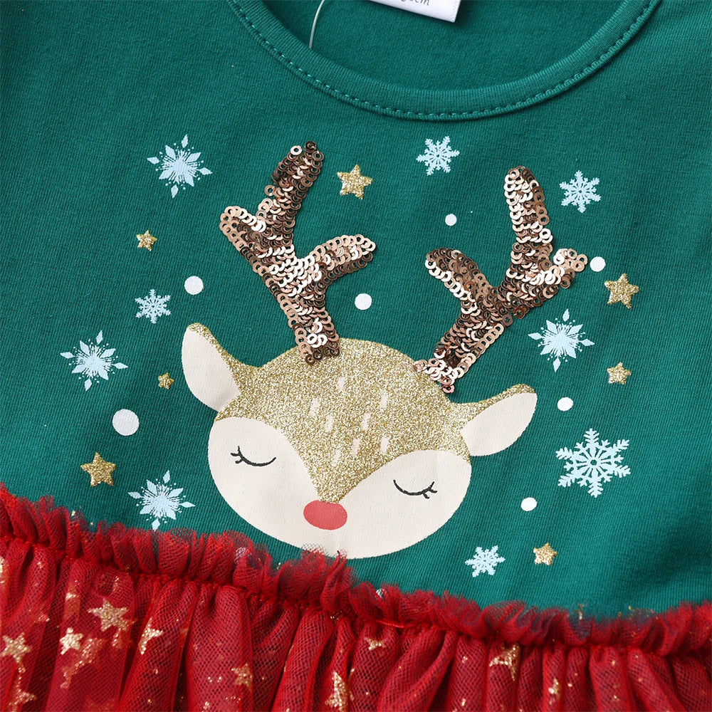 Girls Christmas Sequin Elk Party Dress - Flying Sleeve