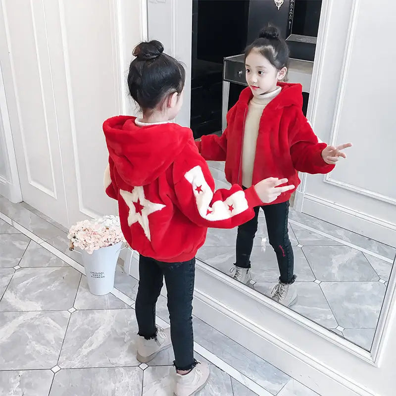 Girls Corduroy Hooded Winter Jacket - Plus Velvet Warm Coat