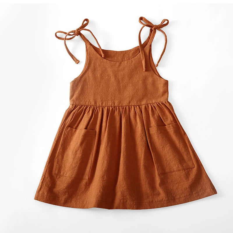 Girls Solid Suspender Summer Dress - Pocket Casual Style