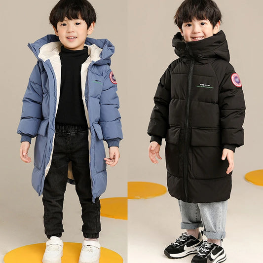 Boys Long Hooded Jacket - Solid Warm Winter Coat