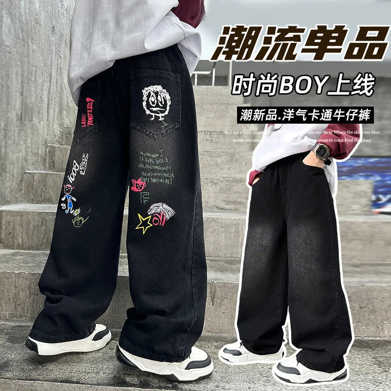 Boys Black Print Wide Leg Jeans - Washed Straight Denim Pants