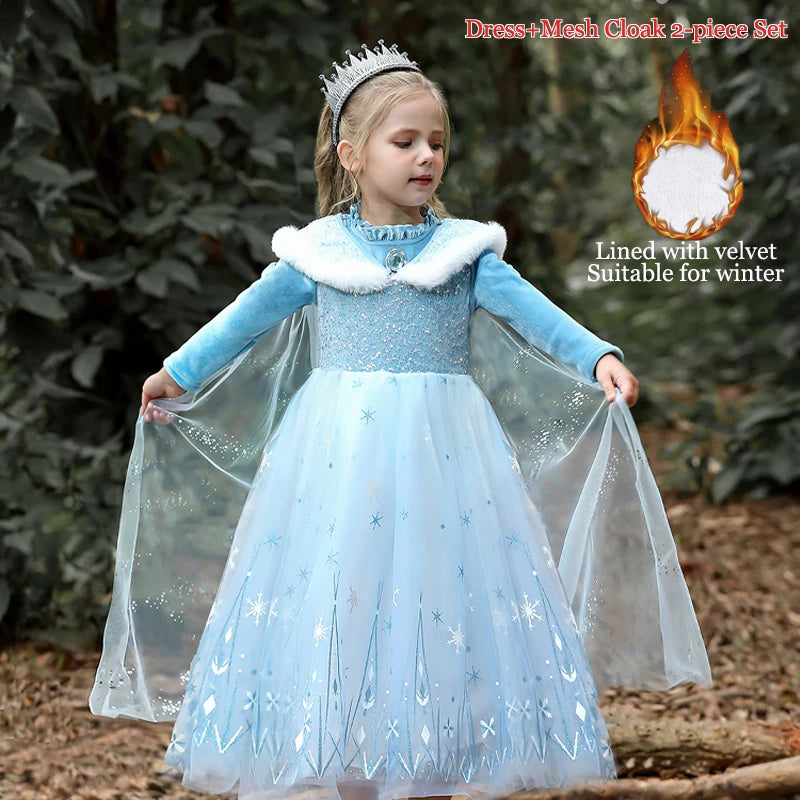 Girls Velvet Blue Cape Princess Dress Set - Warm Party Outfit