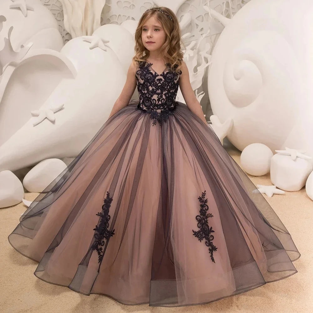 Girls Pink Floral Lace Floor-Length Gown - Flower Girl Dress