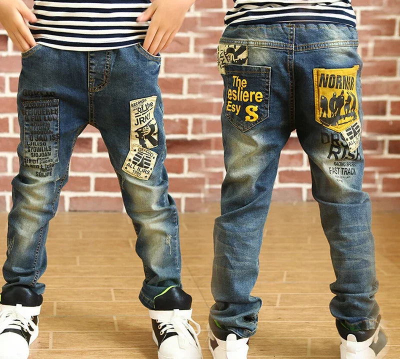 Kids Skinny Denim Trousers - Elastic Waist Sports Bottoms