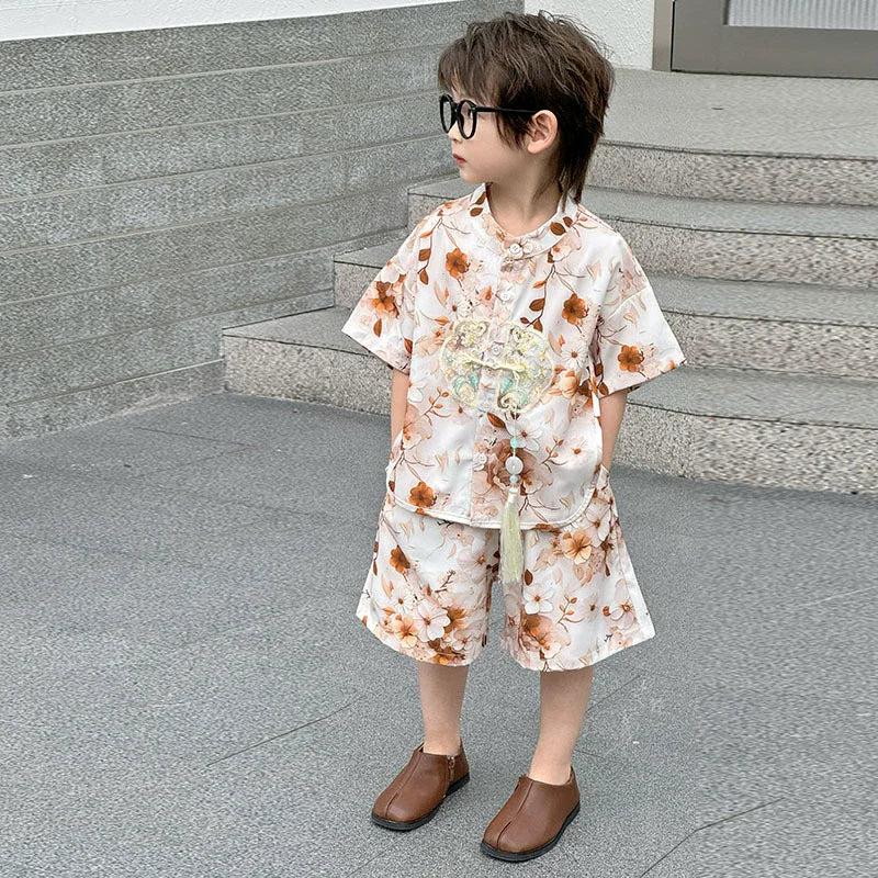 Boys Tang Style Hanfu Set - Short Sleeve Two-Piece Summer Outfit