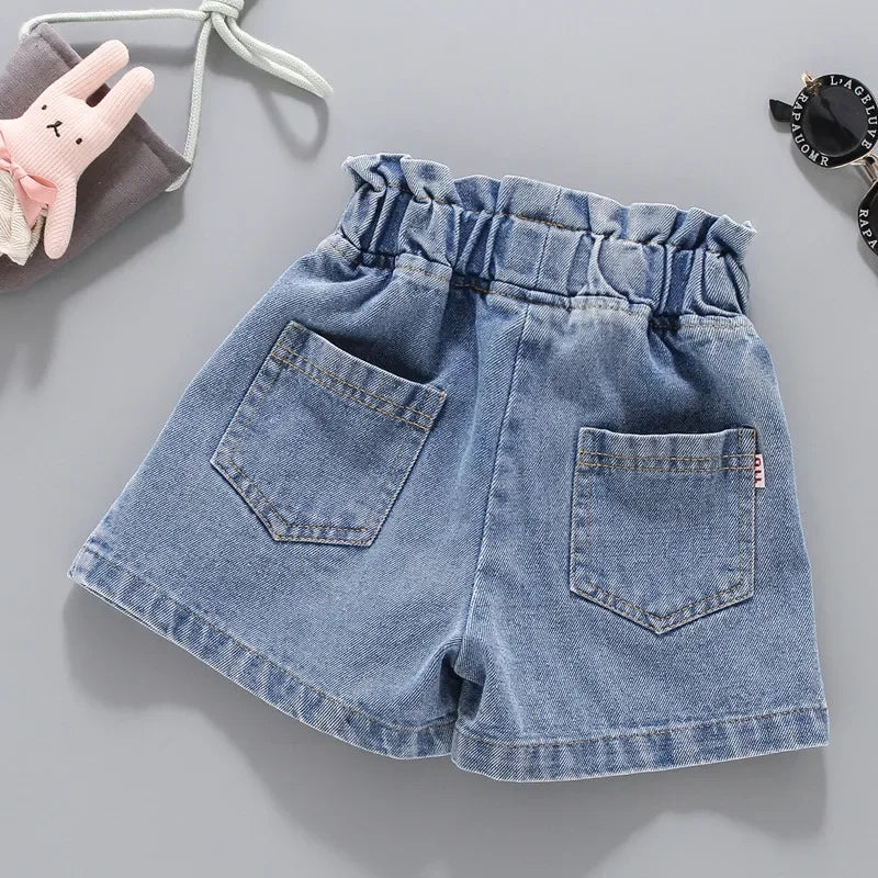 Girls Embroidered Lace Bow Denim Shorts