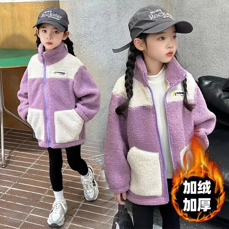 Girls Double Breasted Bow Wool Coat - Warm Winter Outerwear