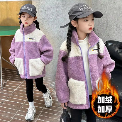 Girls Double Breasted Bow Wool Coat - Warm Winter Outerwear