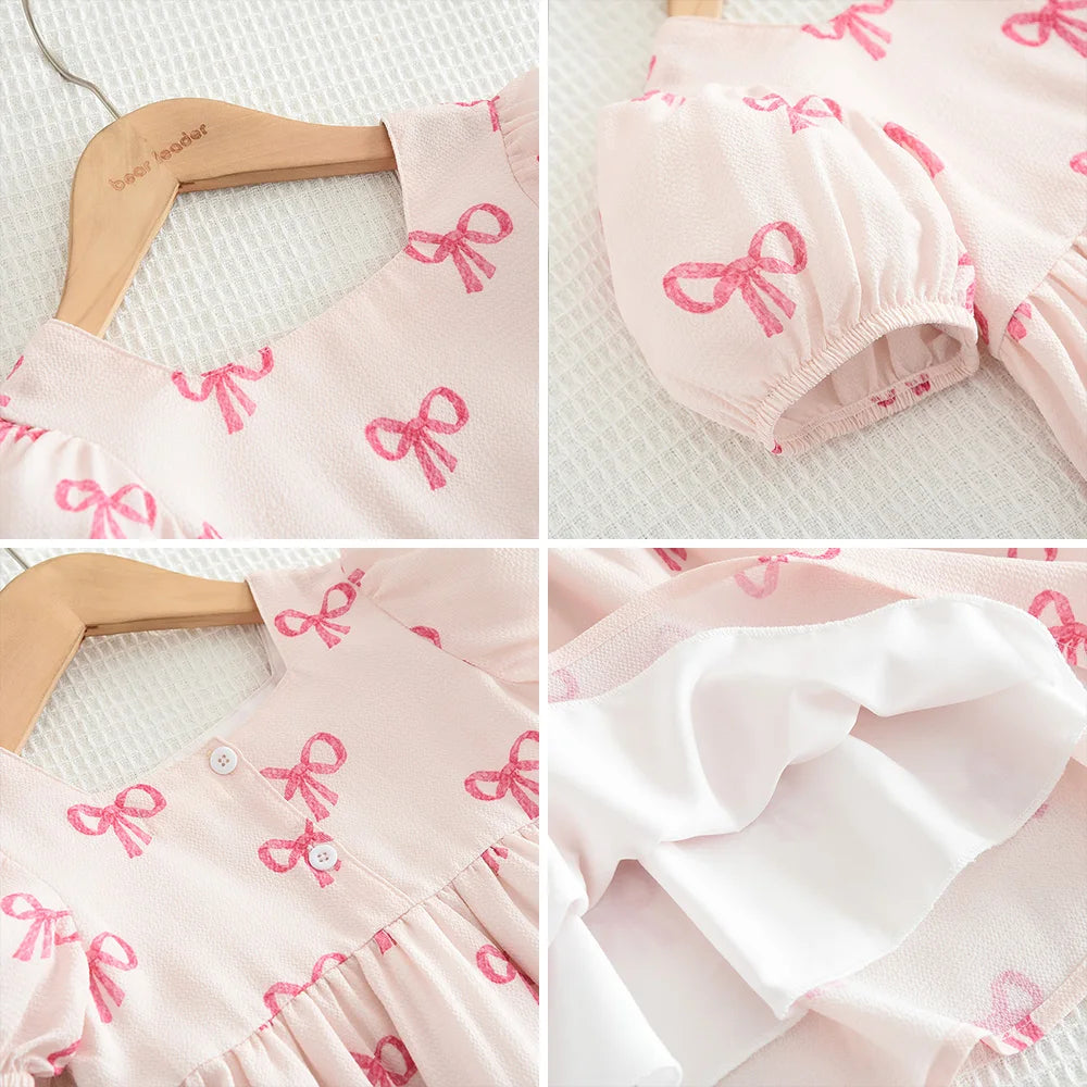 Girls Puff Sleeve Bow Print Princess Dress - Square Collar