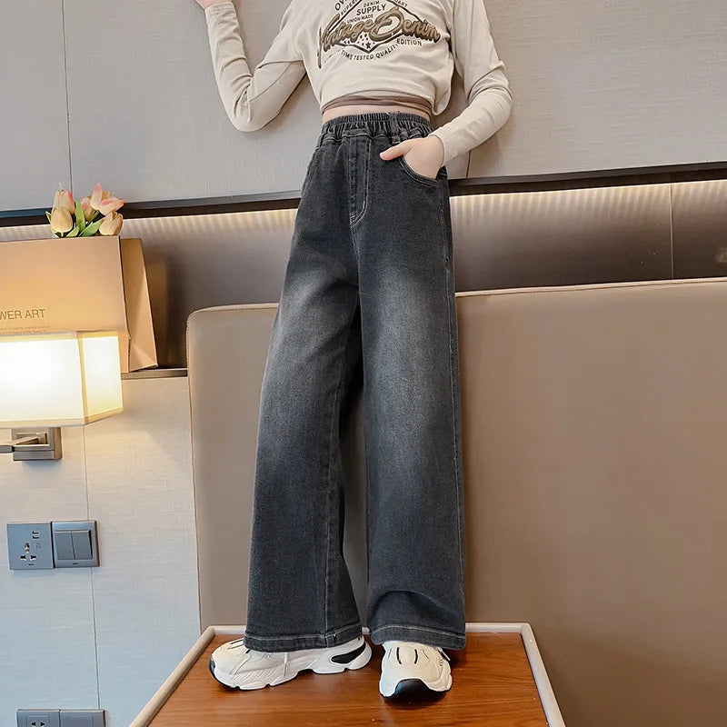 Girls Vintage Wide Leg Denim Pants - Solid Casual Trousers