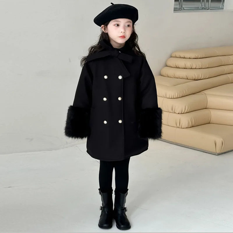 Girls Double Breasted Bow Wool Coat - Warm Winter Outerwear
