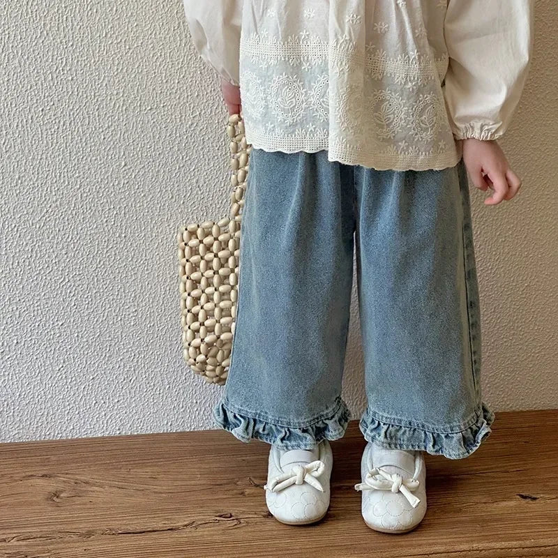 Girls Lace Wide Leg Jeans - Sweet Casual Denim Pants