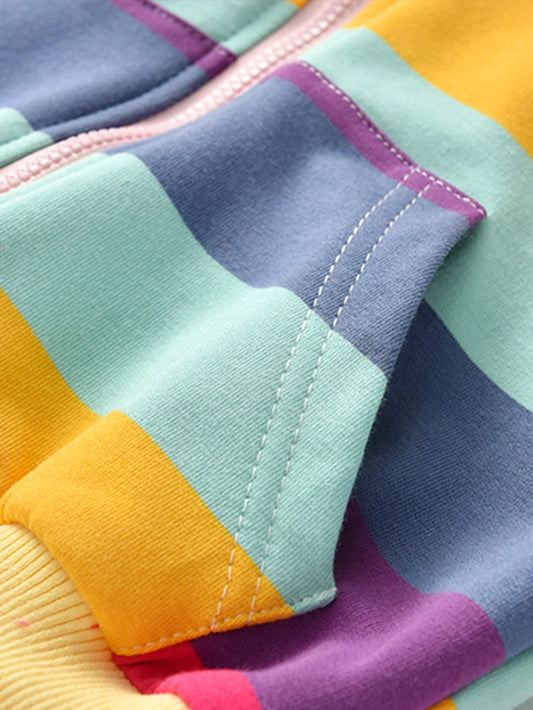 Girls Rainbow Stripe Hooded Jacket - Zipper Pocket Style