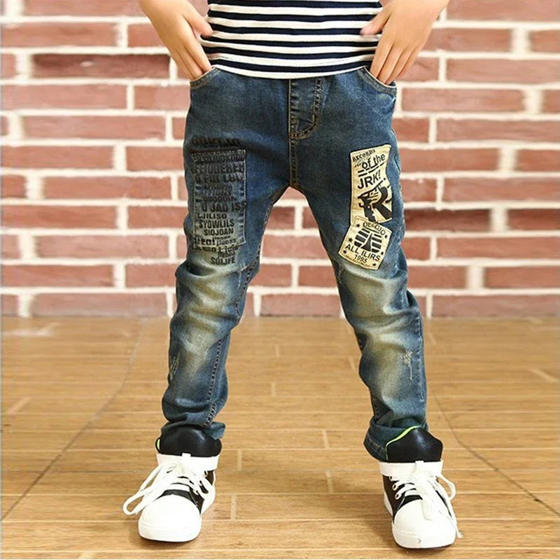 Kids Skinny Denim Trousers - Elastic Waist Sports Bottoms