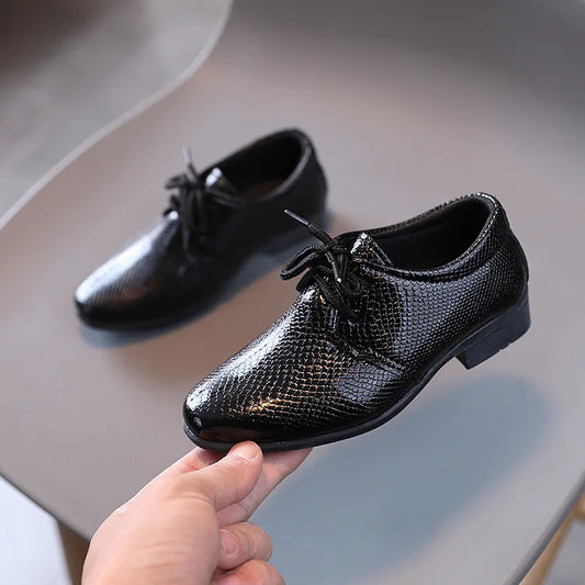 Boys Black Leather Lace-Up Shoes - Britain Style Party Footwear