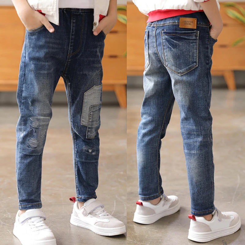 Kids Skinny Denim Trousers - Elastic Waist Sports Bottoms