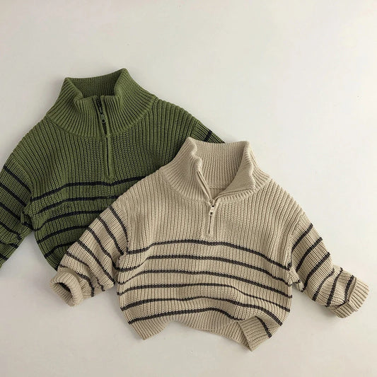 Kids Striped Half-Zip Pullover - Stand Collar Autumn Sweater
