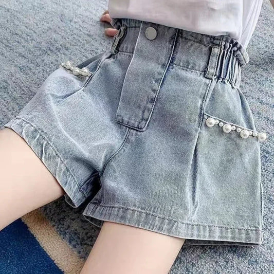 Girls Embroidered Lace Bow Denim Shorts