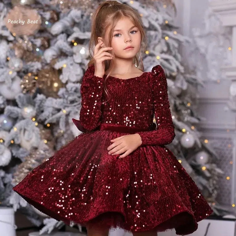 Baby Girls Long Sleeve Christmas Sequin Dress - Vintage Bow Gown