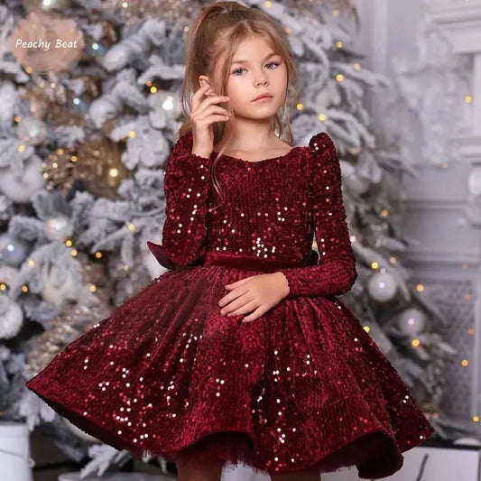 Baby Girls Long Sleeve Christmas Sequin Dress - Vintage Bow Gown